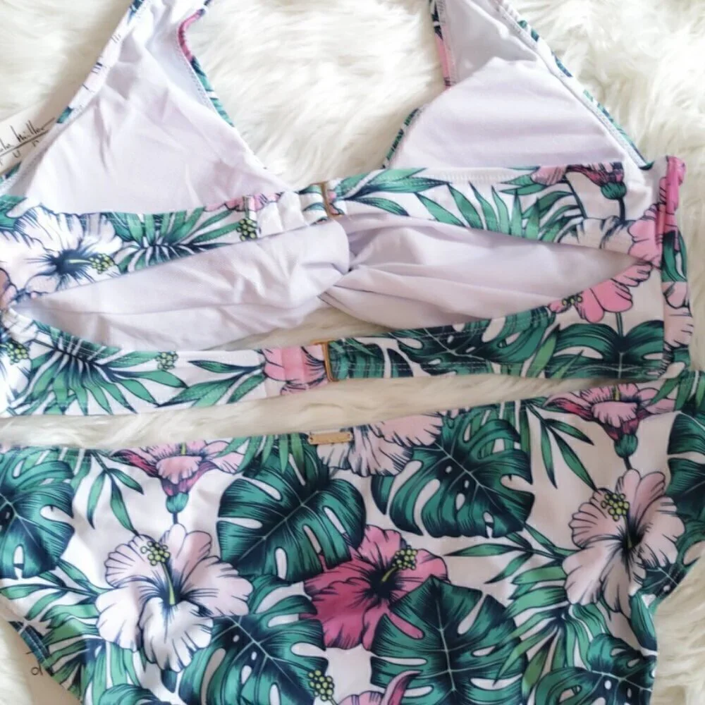 NWT Nicole Miller Bikini Set Size Medium White Green Tropical Print Bathing Suit